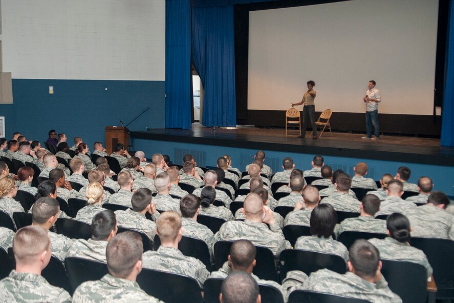 Sharyan Culberson and John Mallory of Catharsis Productions perform a Sex Signals presentation during Wingman Day Jan. 18, 2013, at Moody Air Force Base, Ga. Sex Signals is a sexual assault awareness program that incorporates improvisation, humor and education to look at stereotypes and perceptions associated with social relationships. (U.S. Air Force photo by Airman Paul Francis/Released) 