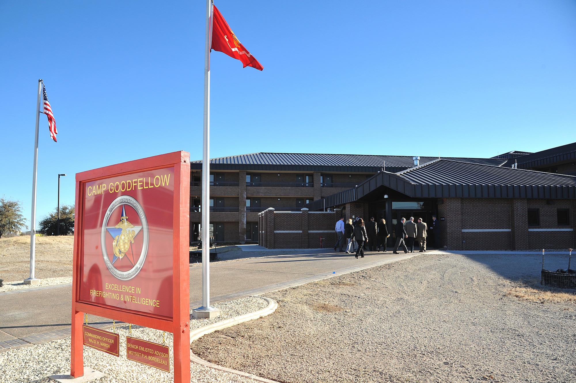 GOODFELLOW AIR FORCE BASE, Texas- Visitors walk into the new marine training leaders building Jan. 17 on Goodfellow Air Force Base, Texas. The marine training leaders building is one of the five new buildings to recently open on Goodfellow during the month of January. (U.S Air Force photo/Airman 1st Class Michael Smith)