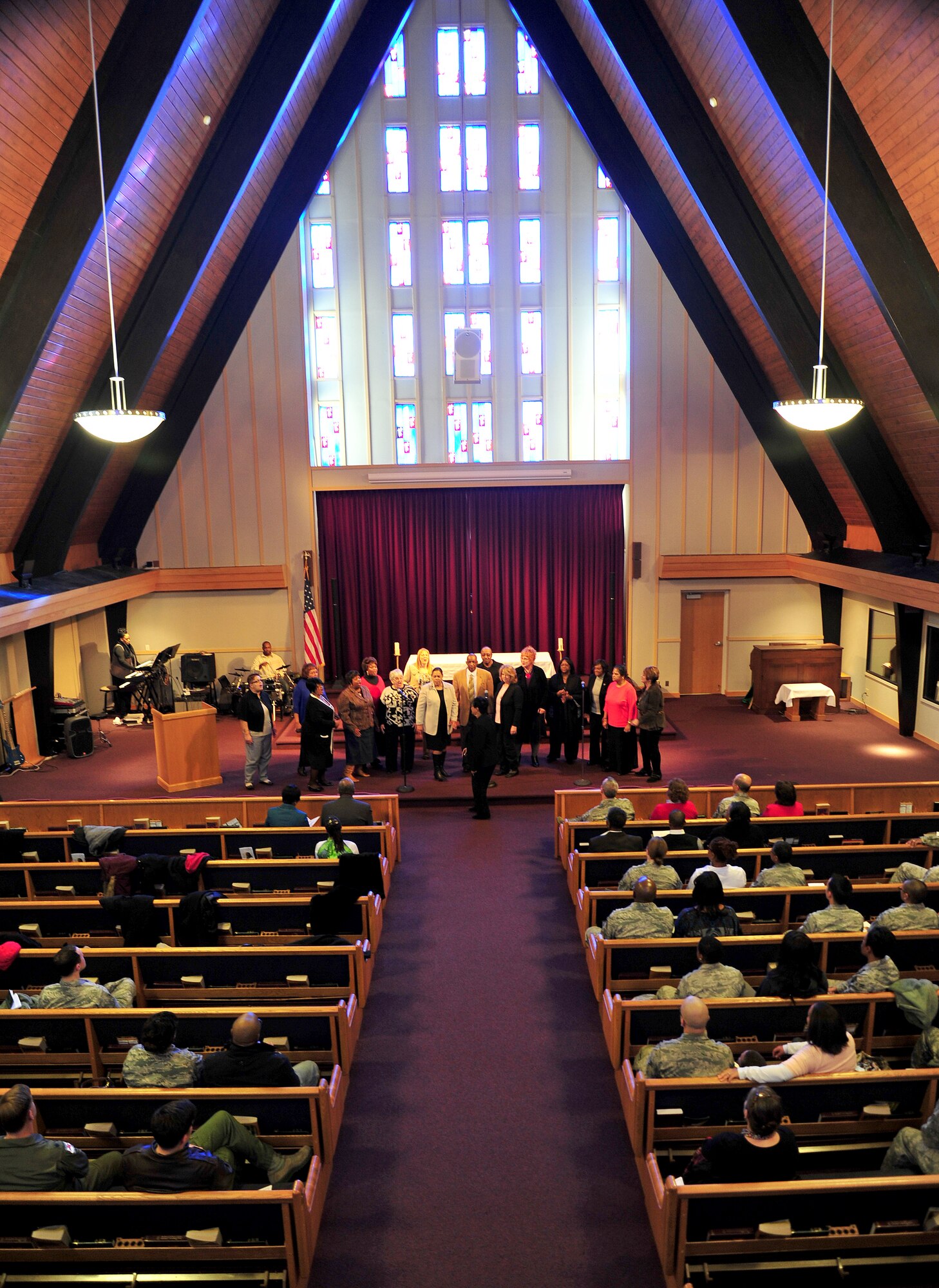 The Spokane Community Mass Gospel Choir performs during the Dr. Martin Luther King Jr. Observance Ceremony in the chapel at Fairchild Air Force Base Wash., Jan. 18 ,2013. The ceremony honored, remembered and celebrated King’s contributions to the civil rights movement. (U.S. Air Force photo by Senior Airman Taylor Curry)