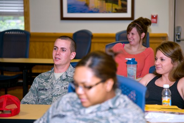 Airman 1st Class Stephen Culbreth, a pavements and constructions journeyman of 823rd RED HORSE, discusses how he and his wife handle the stress of being expectant parents during a Bundles for Babies class at the Airman and Family Readiness Center on Hurlburt Field, Fla., Jan. 14, 2013. The Bundles for Babies program teaches parents-to-be how to recognize and cope with the added stress of a new child. (U.S. Air Force photo/Airman 1st Class Michelle Vickers)
