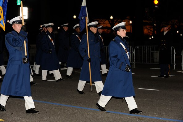 Air Force Academy cadets march along Pennsylvania Avenue in Washington during the 57th inaugural parade Jan. 21, 2013. The cadets represented Cadet Squadron 22, which was the Academy's outstanding cadet squadron in 2012. (U.S. Air Force photo/Elizabeth Andrews)
