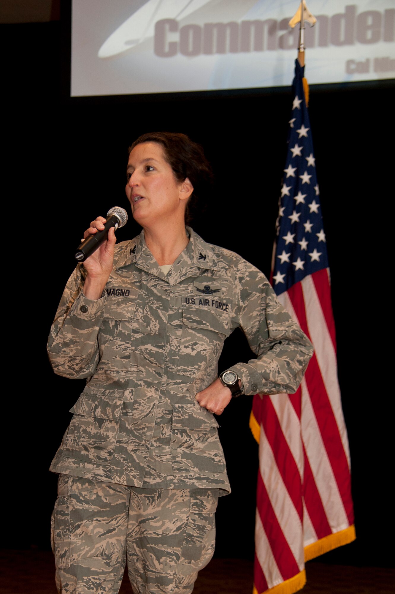 VANDENBEG AIR FORCE BASE, Calif. - Col. Nina Armagno, 30th Space Wing
commander, speaks during the commander's call at the Pacific Coast Club here
Friday, Jan. 18, 2013. The commander's call turned into a pep-rally for the
upcoming unit compliance inspection soon to begin. (U.S. Air Force
photo/Senior Airman Lael Huss)
