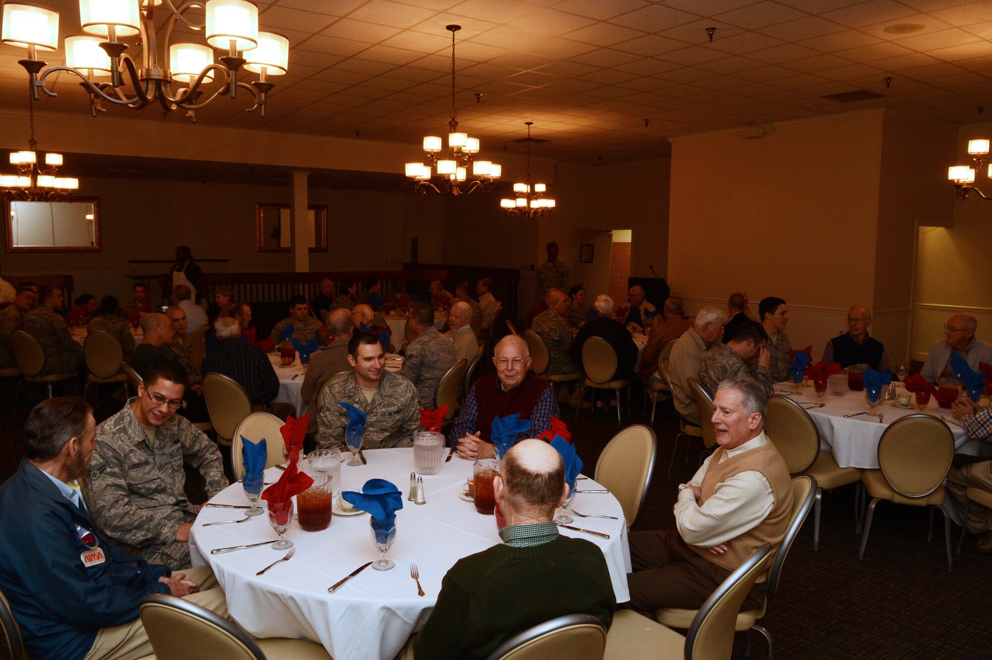 Retired Veterans gather for luncheon at Shaw Air Force Base S.C., Jan. 22, 2013.  Veterans toured Shaw and visited the 79th Fighter Squadron as well as the load barn where they were briefed on operations at Shaw and procedures for loading weapons onto aircraft. (U.S. Air Force photo by Airman 1st Class Nicole Sikorski/Released)