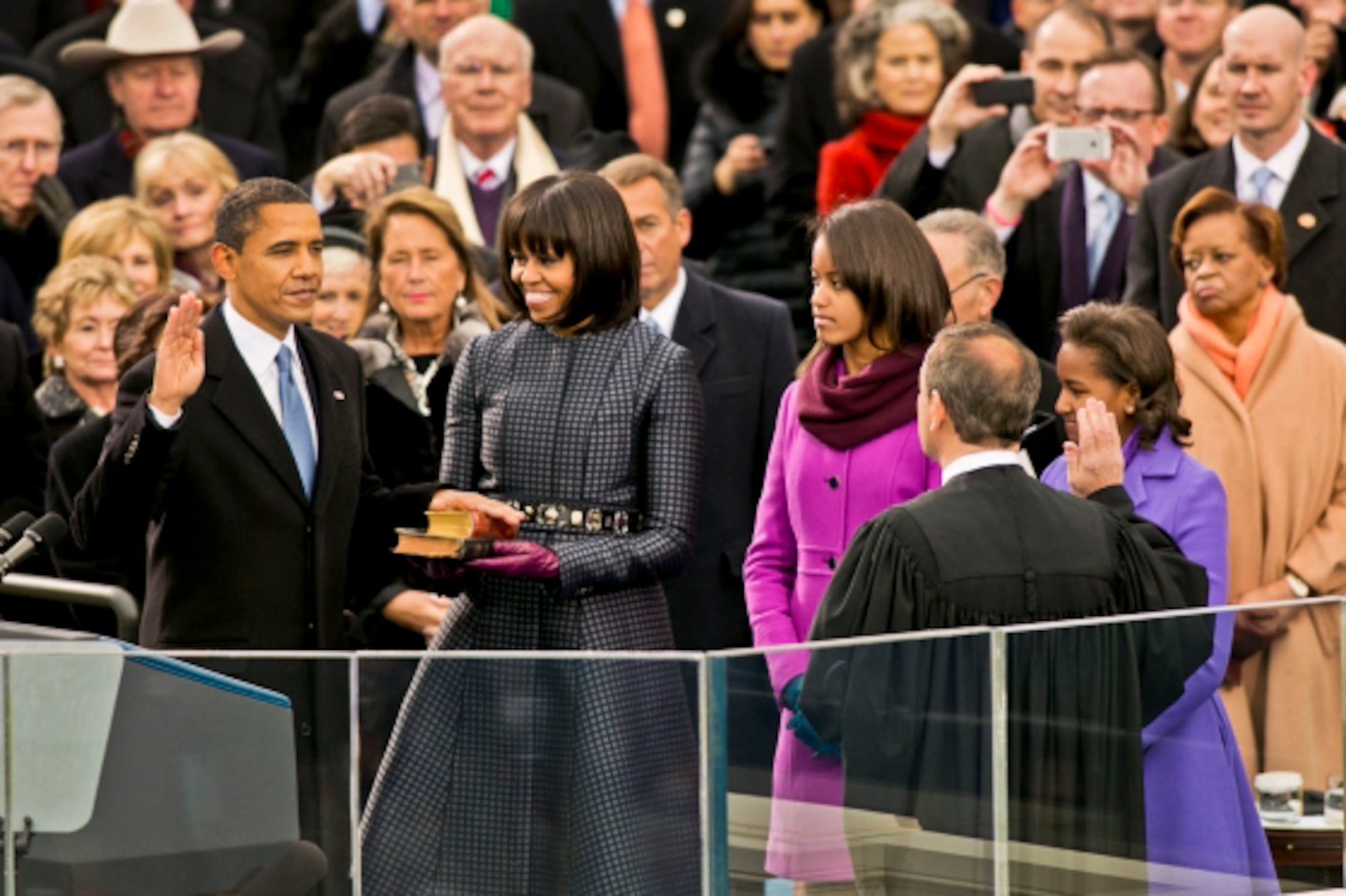 President Barack Obama takes the oath of office from Supreme Court Chief Justice John G. Roberts Jr., right, in a public ceremony at the U.S. Capitol before thousands of people in Washington, D.C., Jan. 21, 2013. Roberts administered the oath in an official ceremony at the White House, Jan., 20, 2013. (White House photo by Sonya N. Hebert/Released)