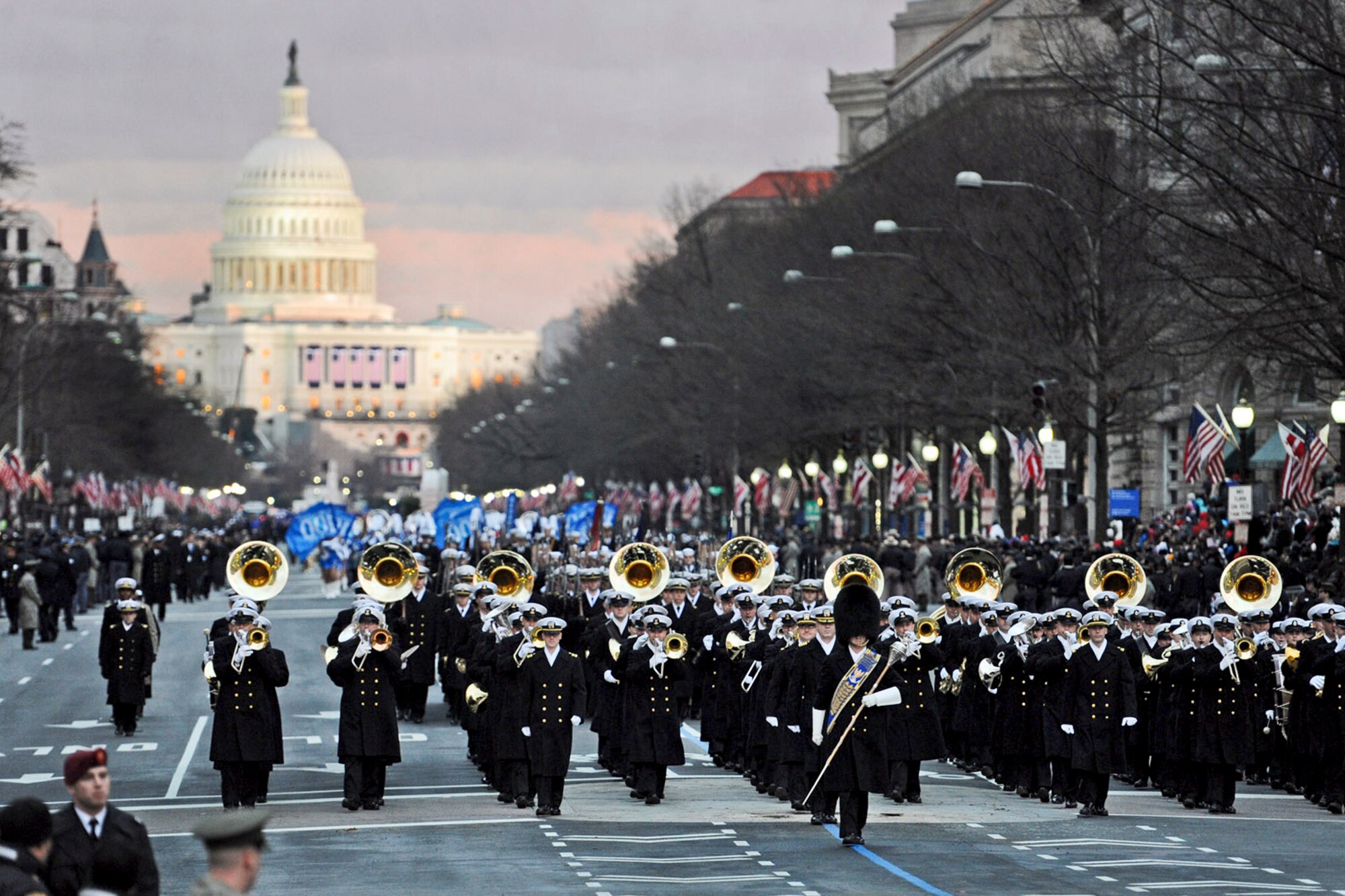 The U.S. Navy Band marches during the 57th Inauguration Day parade in Washington, D.C., Jan. 21, 2013. More than 2,100 service members from each of the five branches marched in the parade and about 5,000 additional troops supported inauguration festivities. (DOD photo by EJ Hersom/Released) 