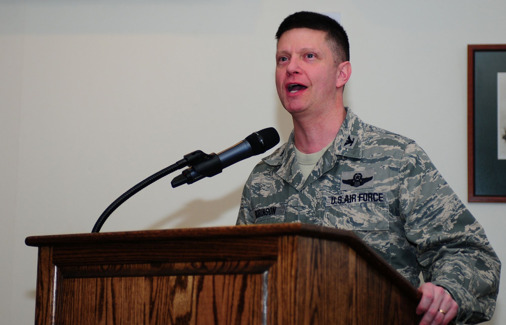 ROYAL AIR FORCE LAKENHEATH, England -- Col. Kyle Robinson, 48th Fighter Wing commander, gives the closing remarks at the Dr. Martin Luther King, Jr. Observance Luncheon Jan. 18, 2013. Every year King is recognized for his tireless efforts to win civil rights for all people through nonviolent means. (U.S. Air Force photo by Airman 1st Class Dana Butler)