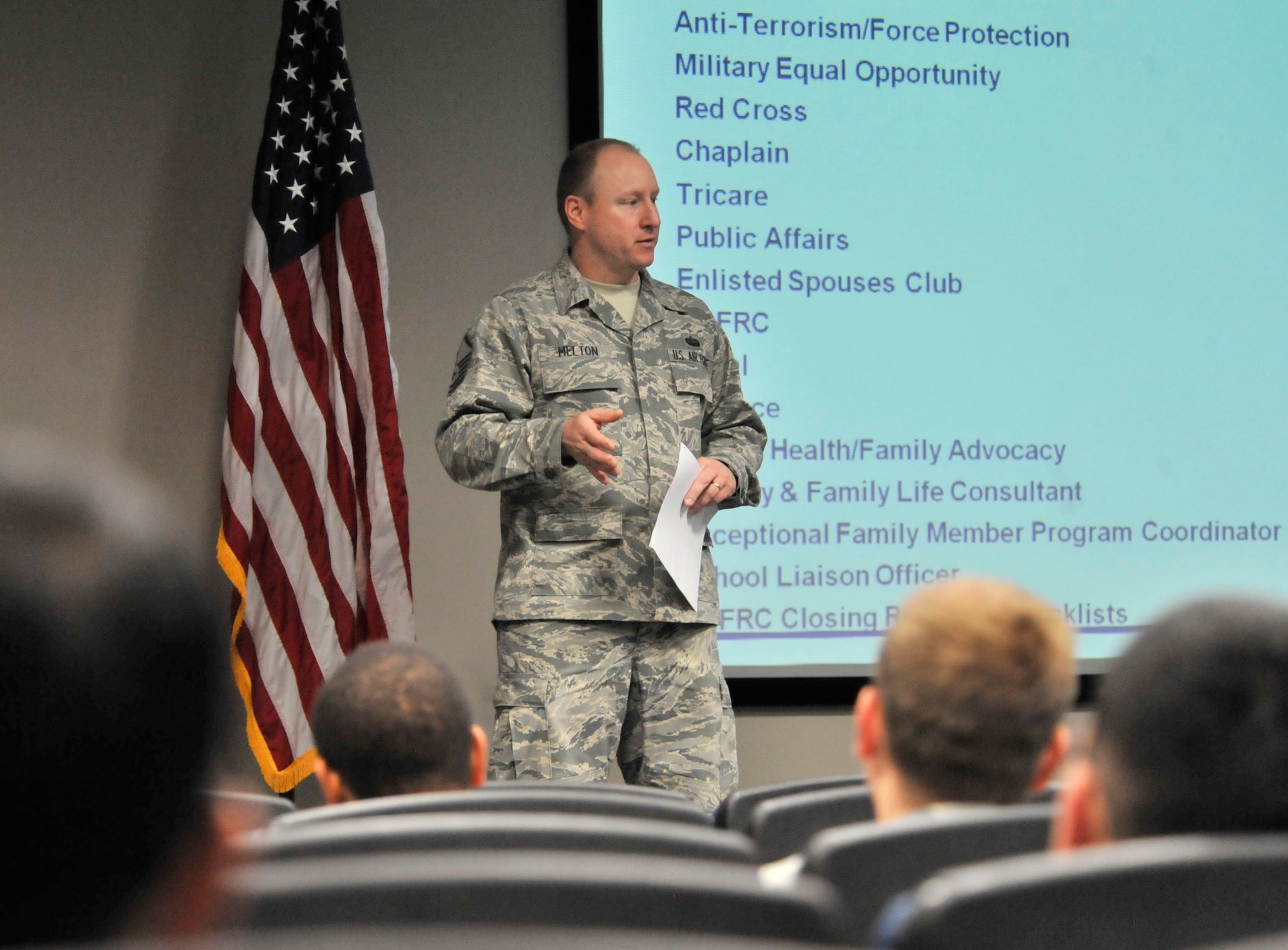 U.S. Air Force Master Sgt. Brian Melton, 20th Force Support Squadron readiness non-commissioned officer, briefs a group of Airmen during a pre-deployment briefing at the Chandler Deployment Processing Center, Shaw Air Force Base, S.C., Jan. 17, 2013. Melton has been working as the readiness NCO at the Airman Family Readiness Center for the last three years. (U.S. Air Force photo by Senior Airman Amber E. N. Jacobs/ Released)