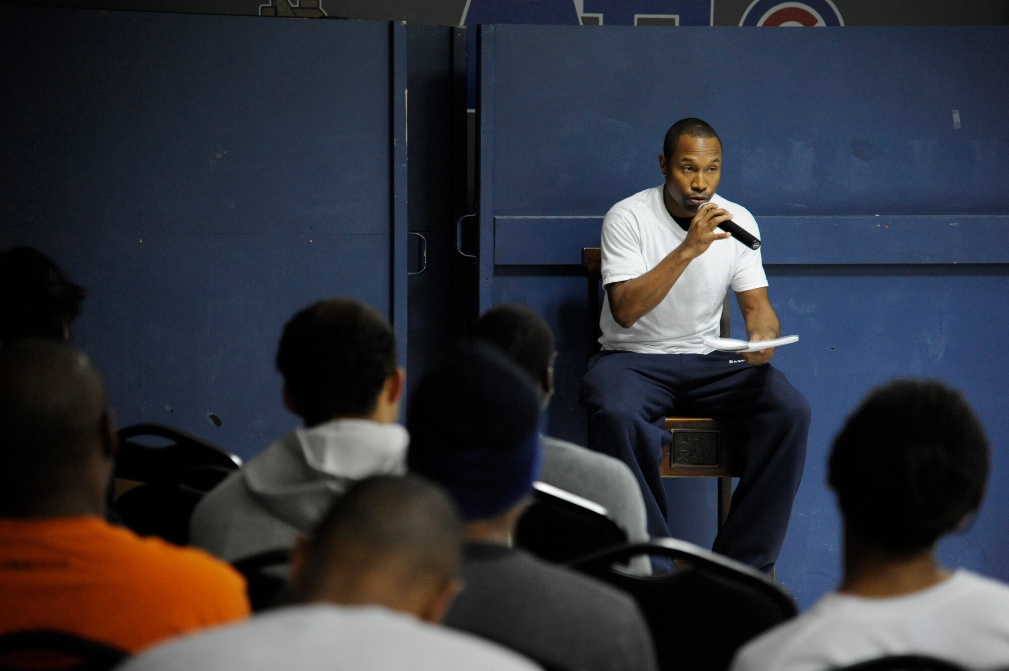 Tech. Sgt. Jamell Camper, 577th Expeditionary Prime BEEF Squadron recites poetry as service members commemorate the legacy and achievements of Dr. Martin Luther King Jr. at the 386th Air Expeditionary Wing. (U.S. Air Force photo by Staff Sgt. Austin Knox)