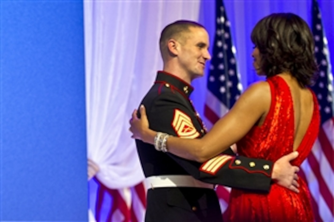 First Lady Michelle Obama dances with Marine Gunnery Sgt. Timothy Easterling at the Commander in Chief's Ball in Washington, D.C., Jan. 21, 2013.