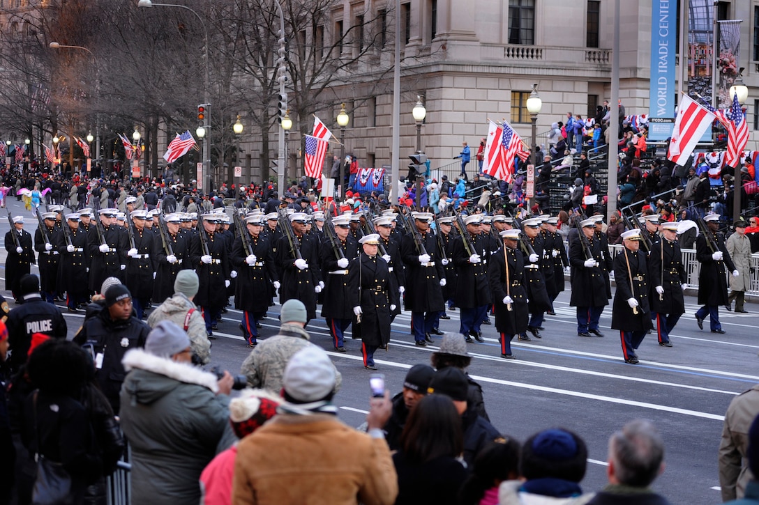 Marines with 4th Civil Affairs Group, Force Headquarters Group, Marine Forces Reserve, march with M-16 rifles in-hand during the 57th Inaugural Parade from the Capitol to the White House Jan. 21, 2013. For centuries, Marines have supported the inaugural events and this year, more than 2,100 service members from each of the five branches marched in the parade. The Inaugural Parade followed the ceremonial swearing-in ceremony of Pres. Barack Obama that took place on the Capitol steps.