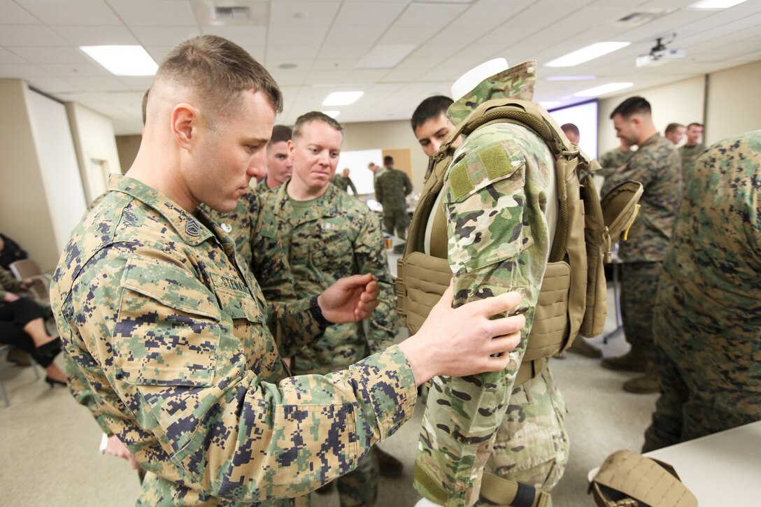 Marines and sailors with I Marine Expeditionary Force and 7th Engineer Support Battalion, 1st Marine Logistics Group, check out new tactical combat casualty care equipment at Camp Pendleton, Calif., Jan. 15. The new gear is available to the service members for an upcoming humanitarian mission to Vietnam.


