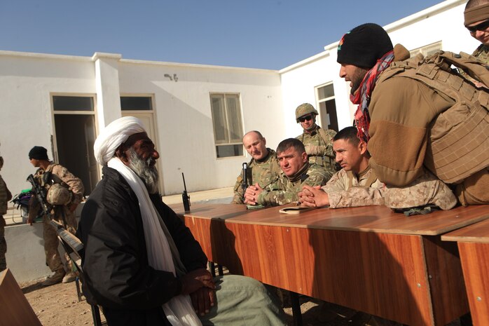 Haji Mohammad, a village elder, talks with members of the 32nd Georgian Battalion and Georgian Liaison Team 6, Regimental Combat Team 7, Regional Command Southwest, in Shir Ghazay, Afghanistan, Jan. 17, 2013. The troops visited the local school to donate school supplies they received from family members and companies.