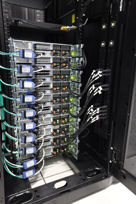 The server room at a new complex containing the Marine Air Ground Task Force Information Technology Support Center, known as MITSC or the MAGTF IT Support Center, aboard Marine Corps Base Camp Lejeune is kept cool and powered at all times to ensure availability to information under most circumstances. There are alternate power grids available to keep the facility active in the event of a storm or loss of power. 