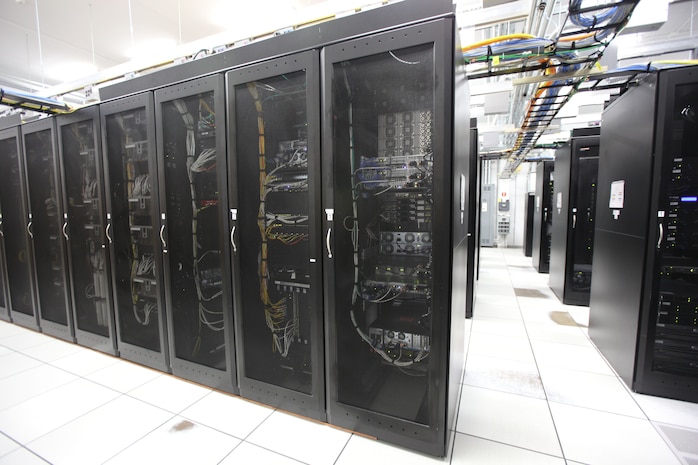 The server room at a new complex containing the Marine Air Ground Task Force Information Technology Support Center, known as MITSC or the MAGTF IT Support Center, aboard Marine Corps Base Camp Lejeune is kept cool and powered at all times to ensure availability to information under most circumstances. There are alternate power grids available to keep the facility active in the event of a storm or loss of power. 