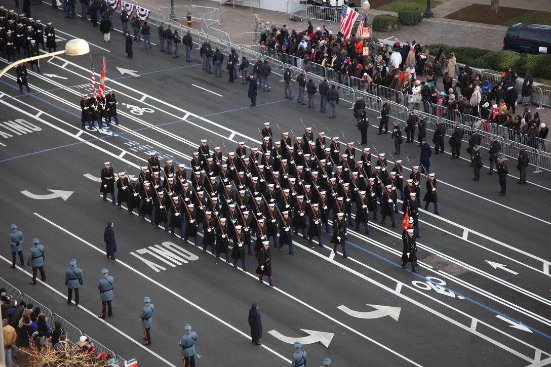 U.S. Marines assigned to Marine Barracks Washington, march in the 57th Presidential Inaugural Parade in Washington, D.C., Jan. 21, 2013. Military involvement in the presidential inauguration dates back to April 30, 1789, when members of the U.S. Army, local militia units and revolutionary war veterans escorted George Washington to his first inauguration ceremony. 