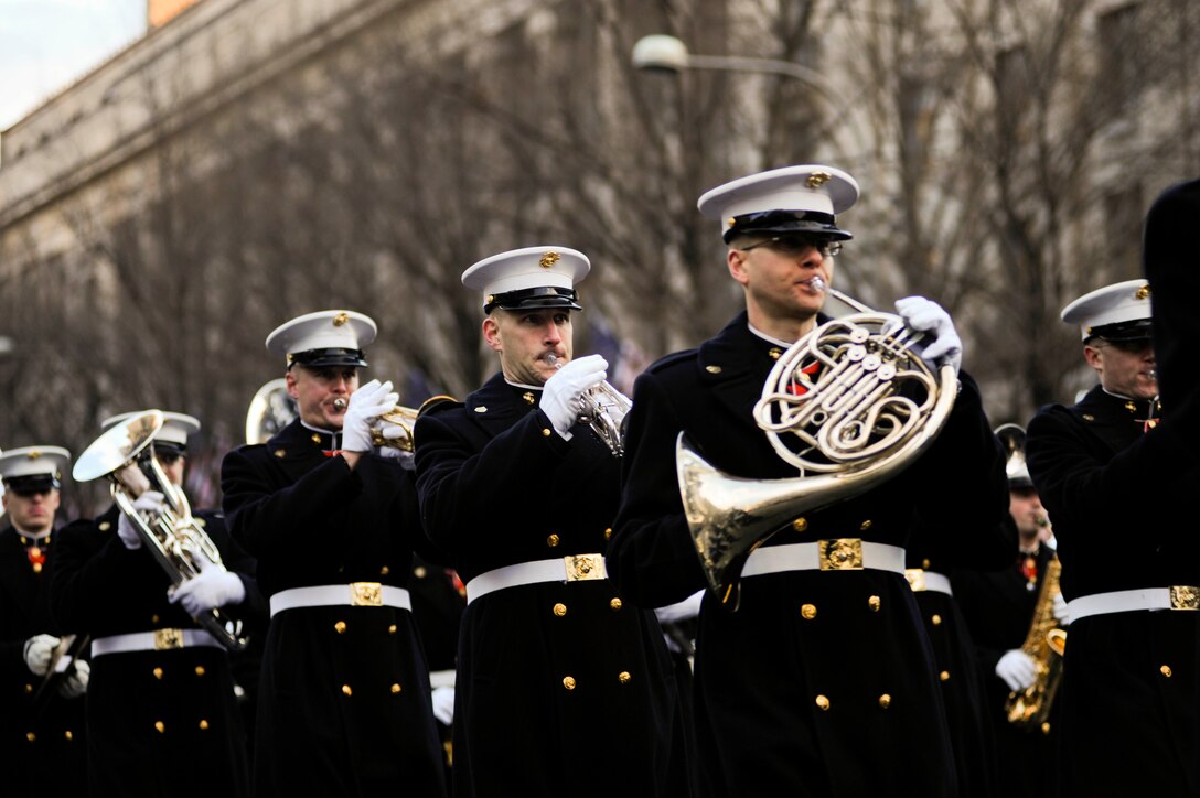 "The President's Own" U.S. Marine Band participates in the 57th Presidential Inaugural Parade in Washington, D.C., Jan. 21, 2013. More than 5,000 service members from all five branches of the military worked with Joint Task Force - National Capital Region to support the inauguration. 