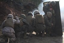 A breaching team with Bridge Company, 8th Engineer Support Battalion, 2nd Marine Logistics Group braces against the blast from an explosion used to blow down a door at a range aboard Camp Lejeune, N.C., Jan. 18, 2013. The team used a thick blanket to shield them from debris before storming through the hole created by the explosion. 