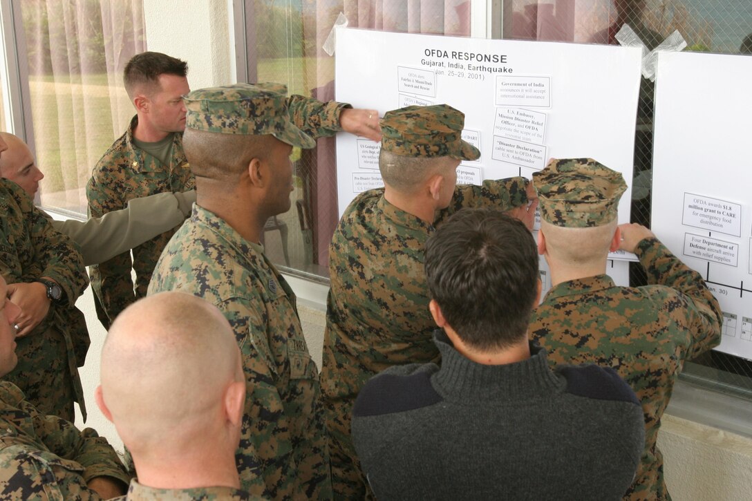 U.S. Marines of 3d Marine Expeditionary Brigade, participate in a Humanitarian Assistance & Disaster Response (HA/DR) practical exercise Jan. 17, 2013 aboard Camp Courtney, Okinawa, Japan.  Marines and sailors of III Marine Expeditionary Force learn about civil-military roles in international disaster response during a Joint Humanitarian Operations Course (JHOC) conducted by the Office of U.S. Foreign Disaster Assistance (OFDA), United States Agency for International Development (USAID).  (U.S. Marine Corps photo by CWO2 Jonathan C. Knauth/Released)
