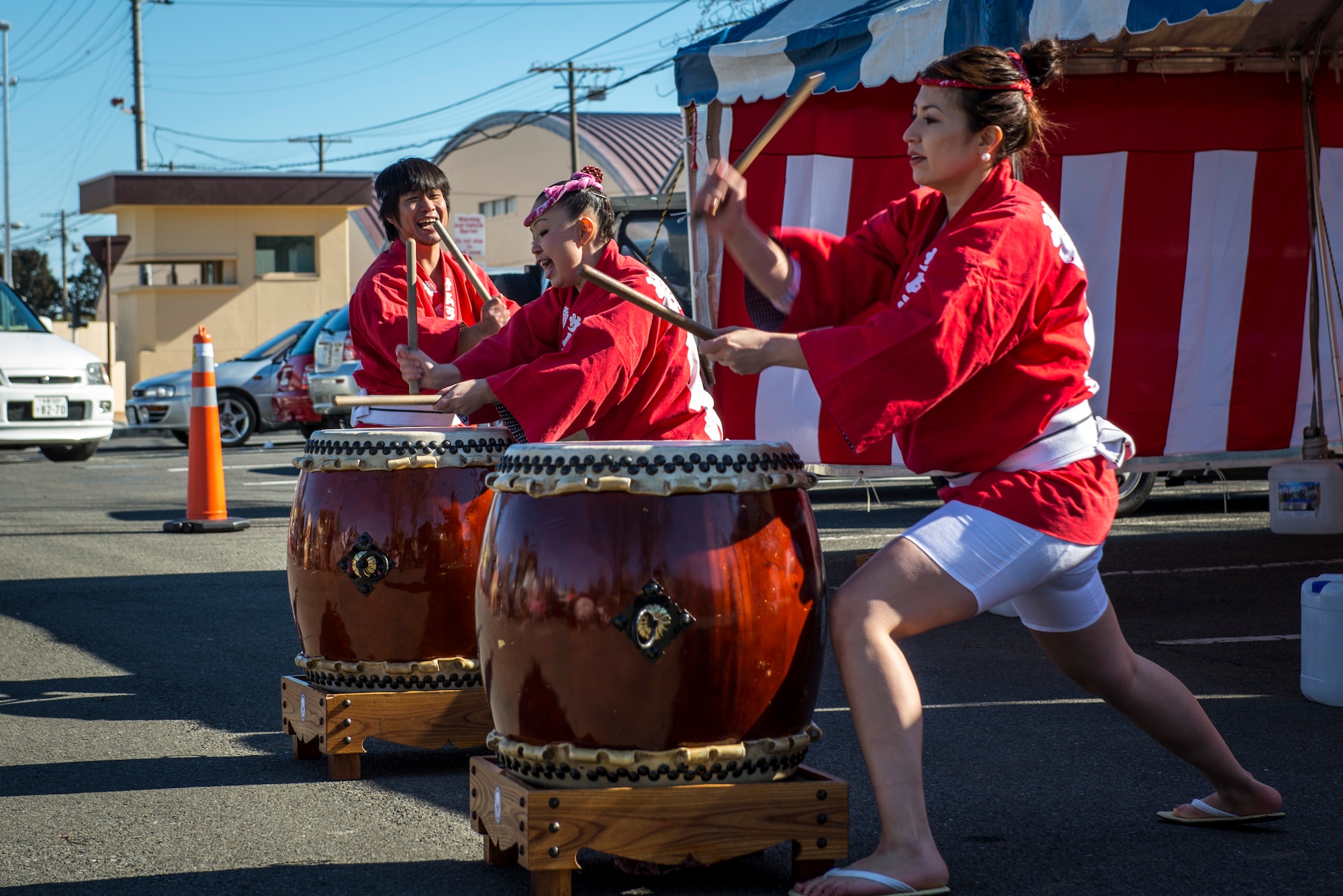 YOKOTA AIR BASE, Japan -- Members of the Samurai Taiko Drum Team perform during the Japanese Welfare Association Japan Culture Day Jan. 18, 2013, here. Established in 1947, the JWA provides morale, welfare and recreation activities to Yokota’s Japanese employees and promotes cultural exchange with the greater Yokota community. (U.S. Air Force photo by Capt. Raymond Geoffroy)