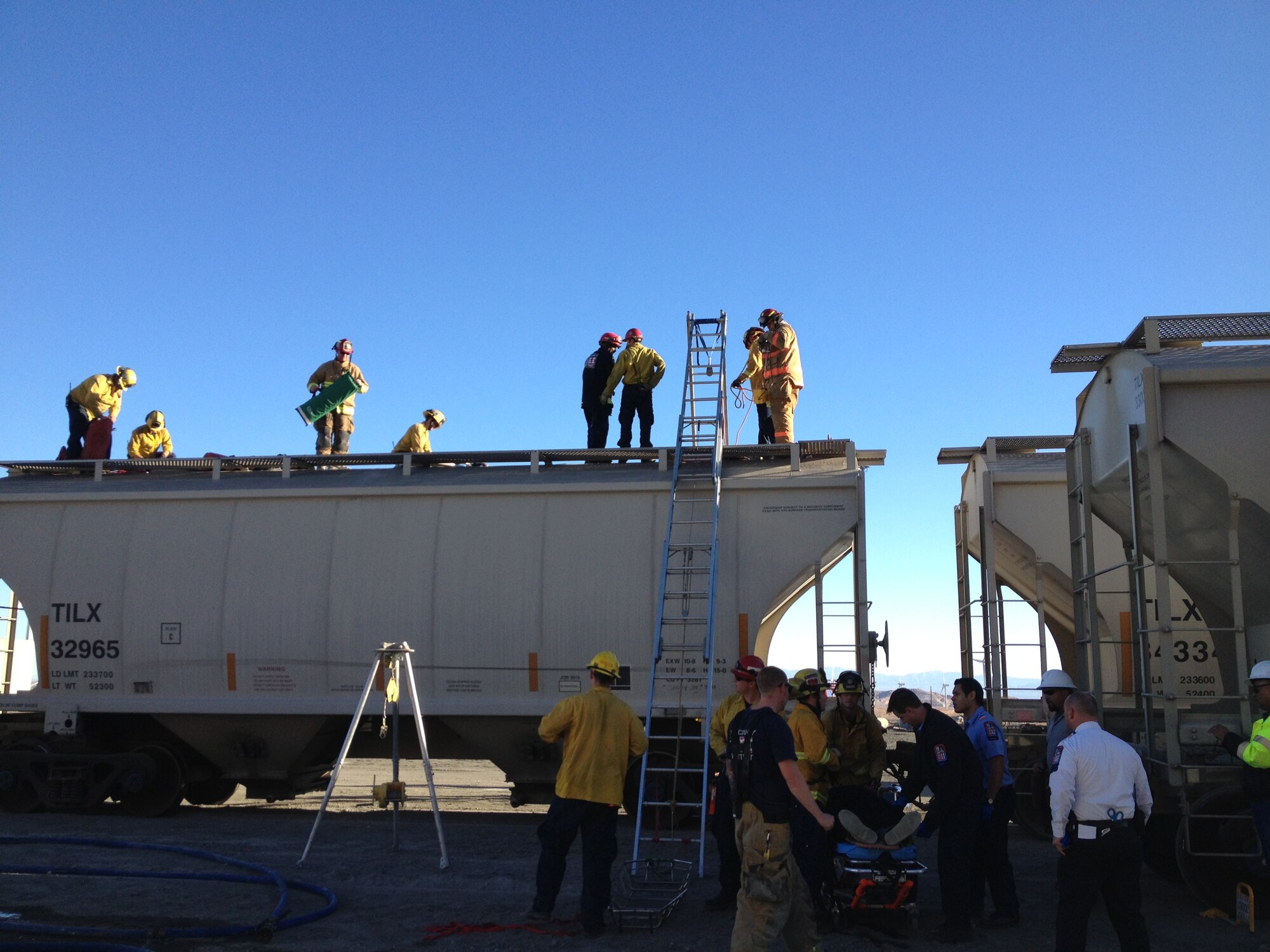 Edwards firefighters teamed up with the Kern County Fire Department Jan. 17 when they were dispatched to Mojave, Calif. in support of a confined space rescue for a man trapped inside a railcar.  The response was in support of the base’s mutual aid agreement with the surrounding communities. (Courtesy photo by Rex Bair/Edwards AFB Fire Department)