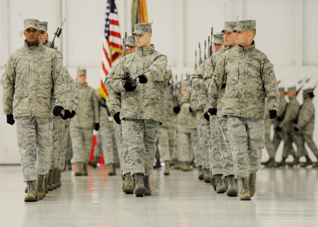 The U.S. Air Force Honor Guard practice for the Chief Master Sgt. of the Air Force Transition Rehearsal at Joint Base Andrews, Md., Jan. 23, 2013. Tomorrow, Chief Master Sgt. James A. Cody will become the 17th CMSAF following the retirement of Chief Master Sgt. James Roy. Roy's retirement will culminate more than 30 years of service. (U.S. Air Force photo/ Staff Sgt. Nichelle Anderson) 