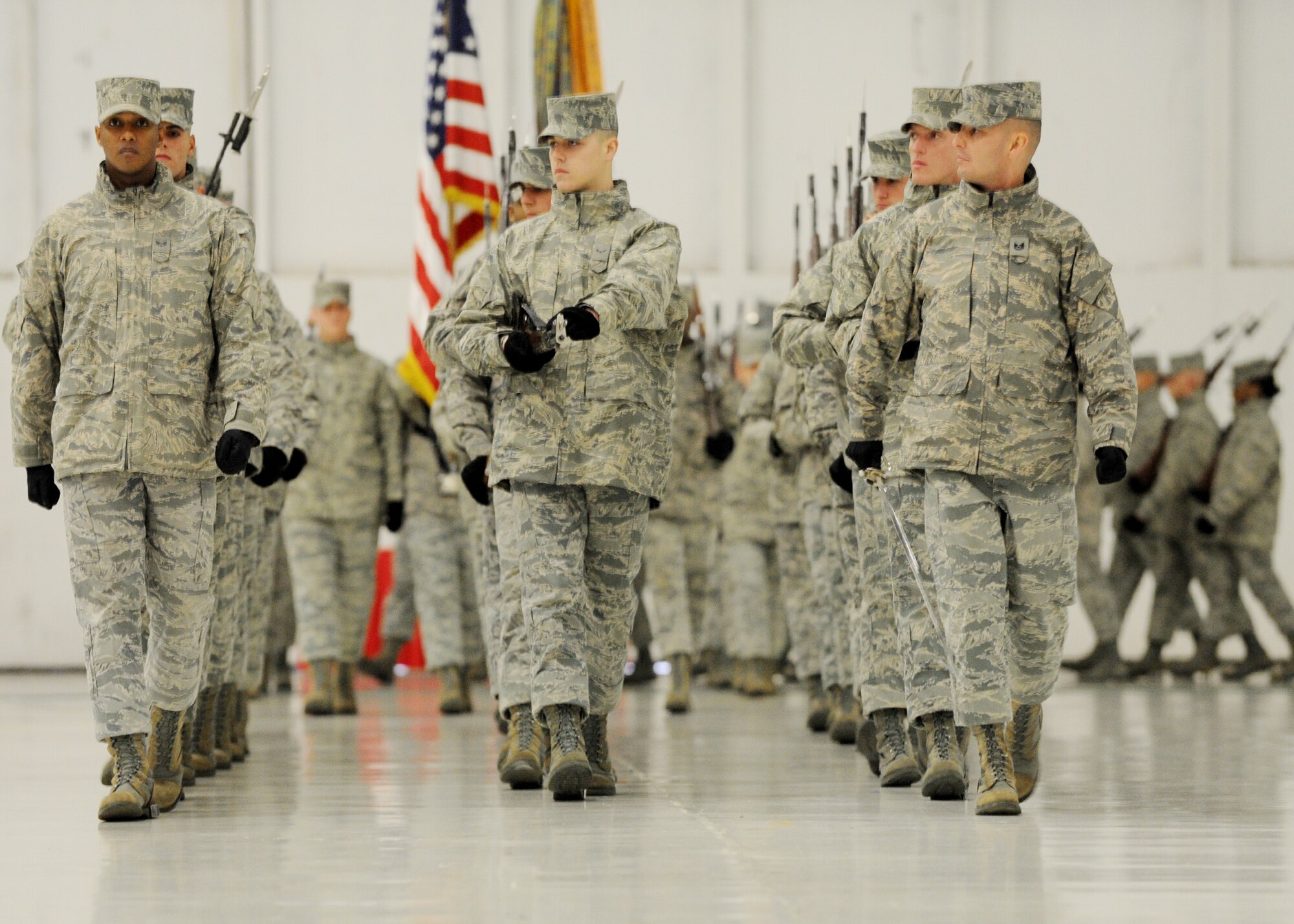 The U.S. Air Force Honor Guard practice for the Chief Master Sgt. of the Air Force Transition Rehearsal at Joint Base Andrews, Md., Jan. 23, 2013. Tomorrow, Chief Master Sgt. James A. Cody will become the 17th CMSAF following the retirement of Chief Master Sgt. James Roy. Roy's retirement will culminate more than 30 years of service. (U.S. Air Force photo/ Staff Sgt. Nichelle Anderson) 