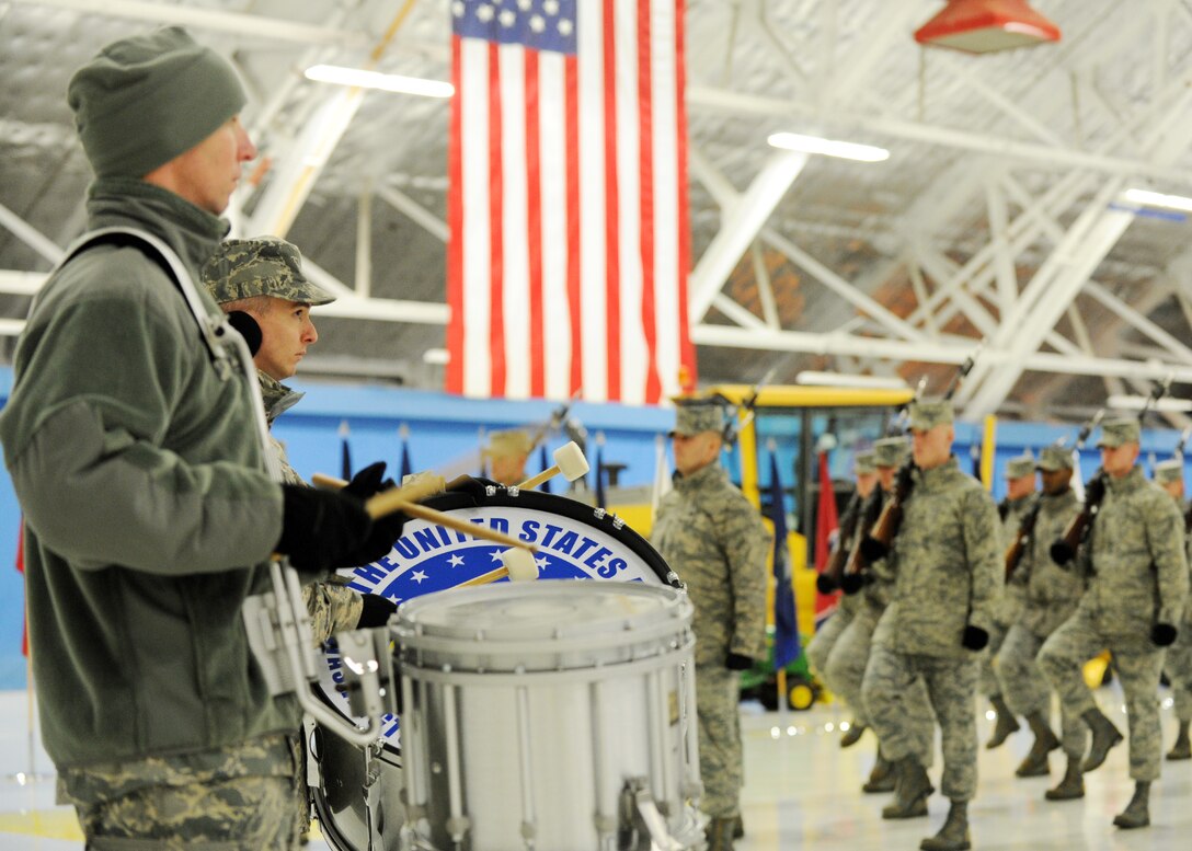 The U.S. Air Force Band and Honor Guard practice for the Chief Master Sgt. of the Air Force Transition Rehearsal at Joint Base Andrews, Md., Jan. 23, 2013. Tomorrow, Chief Master Sgt. James A. Cody will become the 17th CMSAF following the retirement of Chief Master Sgt. James Roy. Roy's retirement will culminate more than 30 years of service. (U.S. Air Force photo/ Staff Sgt. Nichelle Anderson) 