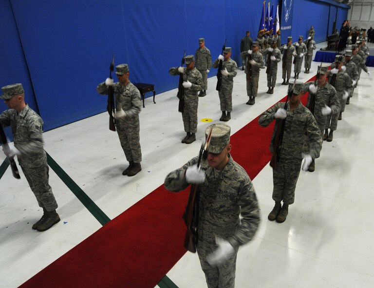 The U.S. Air Force Honor Guard practice for the Chief Master Sergeant of the Air Force (CMSAF) transition ceremony at Joint Base Andrews, Md., Jan. 23, 2013. The ceremony tomorrow will welcome the 17th CMSAF James A. Cody. (U.S. Air Force Photo/Airman 1st Class Nesha Humes)