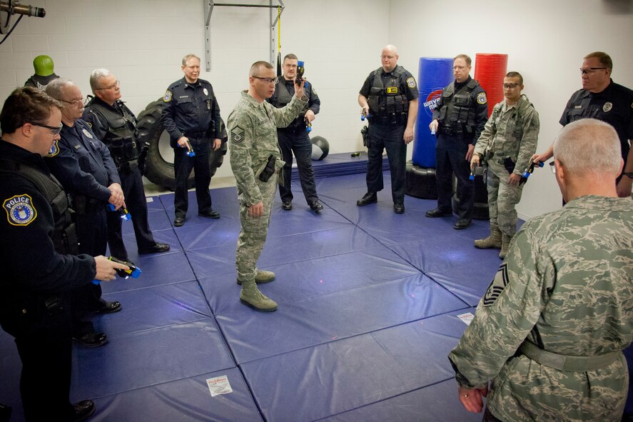 Master Sergeant Ronald C. Blackledge, 934th Security Forces, conducts a Taser training course January 22.  The new equipment is set to be implemented in the coming month at the Minneapolis-St. Paul Air Reserve Station, Minn.  (U.S. Air Force Photo/Shannon McKay)