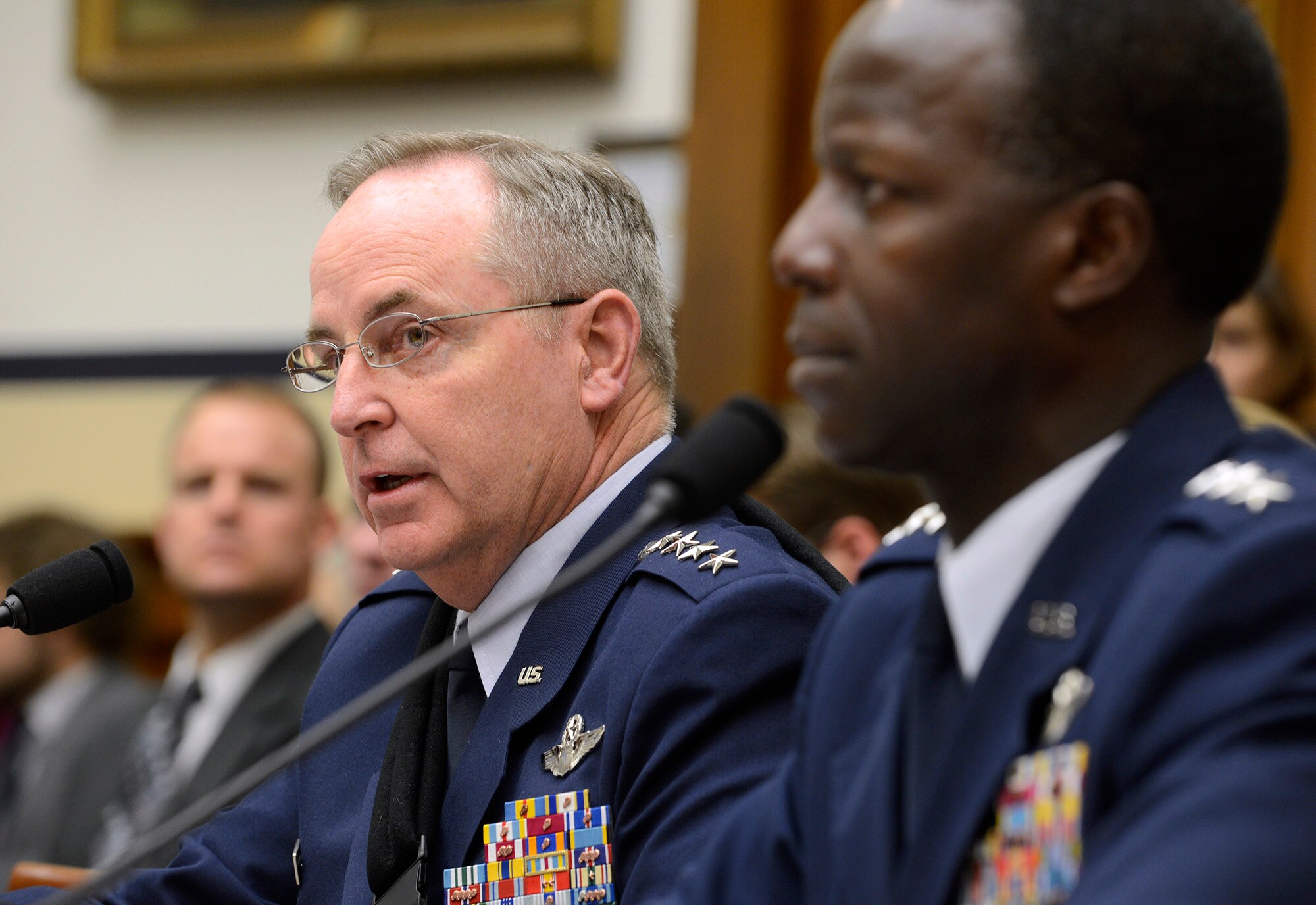 Air Force Chief of Staff Gen. Mark A. Welsh III and Gen. Edward A. Rice Jr., commander of Air Education and Training Command, appear before the House Armed Services Committee on Jan. 23, 2013, for a hearing on sexual misconduct at Basic Military Training at Joint Base San Antonio-Lackland, Texas.  Welsh and Rice discussed the findings of the Basic Military Training commander-directed investigation and efforts to stop sexual assault within the service.  (U.S. Air Force photo/Scott M. Ash)