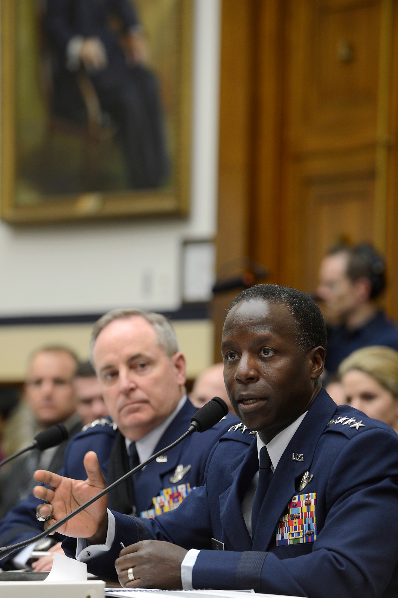 Gen. Edward A. Rice Jr., commander of Air Education and Training Command and Air Force Chief of Staff Gen. Mark A. Welsh III appear before the House Armed Services Committee on Jan. 23, 2013, for a hearing on sexual misconduct at Basic Military Training at Joint Base San Antonio-Lackland, Texas.  Rice and Welsh discussed the findings of the Basic Military Training commander-directed investigation and efforts to stop sexual assault within the service.  (U.S. Air Force photo/Scott M. Ash)