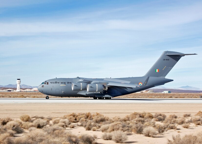 The first C-17 heavy-lift aircraft built for the Indian Air Force arrived at Edwards Jan. 22. The 418th Flight Test Squadron will begin aircraft inspection and routine flight testing for the next two months. (U.S. Air Force by Jet Fabara)