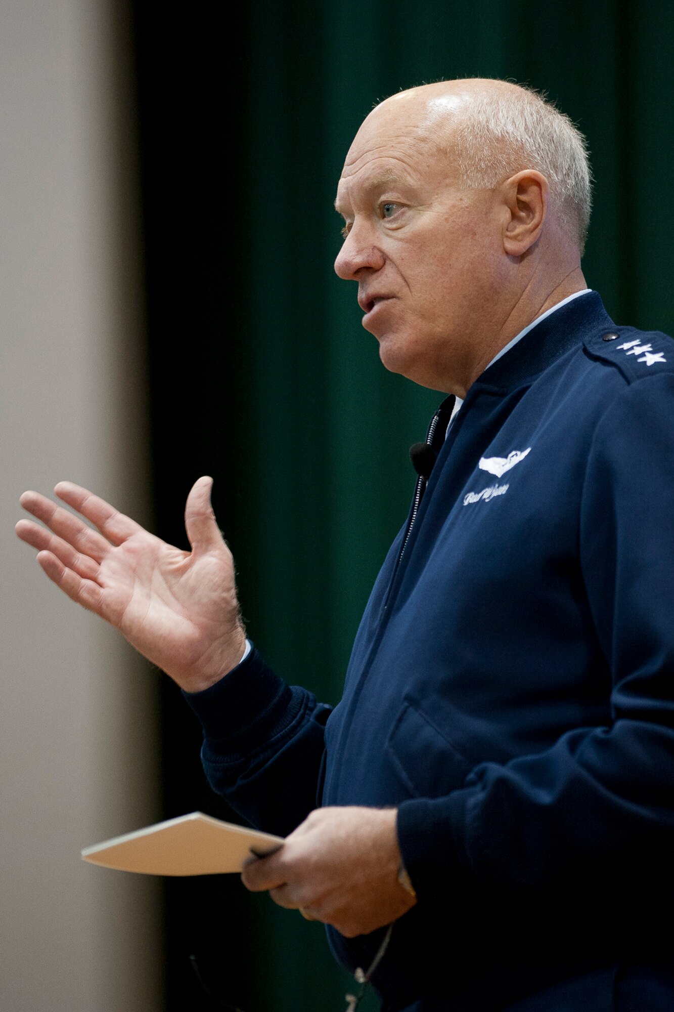 Lt. Gen. Harry M. Wyatt III, the director of the Air National Guard, addresses members of the ANG and other service members Jan. 22, 2013 at Joint Base Andrews, Md., during his last town hall meeting before retirement. Wyatt reflected on his service in ANG, discussed the future of the ANG, and fielded questions from those attending. (National Guard photo by Master Sgt. Marvin R. Preston/RELEASED)