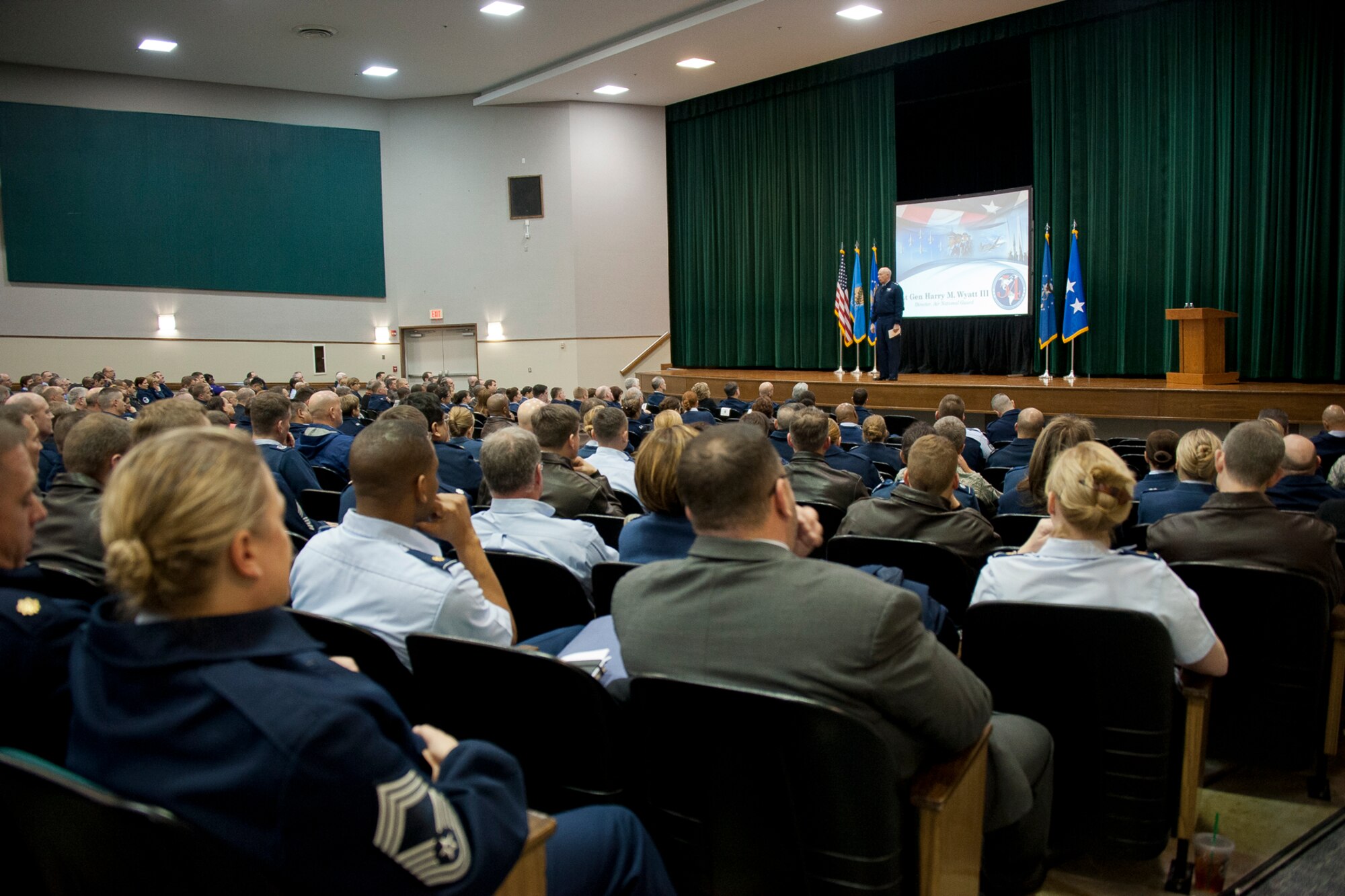 Lt. Gen. Harry M. Wyatt III, the director of the Air National Guard, addresses members of the ANG and other service members Jan. 22, 2013 at Joint Base Andrews, Md., during his last town hall meeting before retirement. Wyatt reflected on his service in ANG, discussed the future of the ANG, and fielded questions from those attending. (National Guard photo by Master Sgt. Marvin R. Preston/RELEASED)