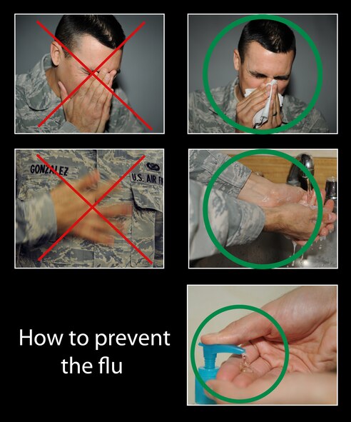 A Barksdale Airman demonstrates good and bad hygiene practices. Good hygiene helps protect individuals against the flu. Use a tissue or your sleeve when sneezing and coughing. Always wash your hands with soap and water or use hand sanitizer. While these practices are not going to completely eliminate the risk, it lowers the chances of catching the flu and spreading it to others. (U.S. Air Force graphic/Airman 1st Class Benjamin Gonsier)
