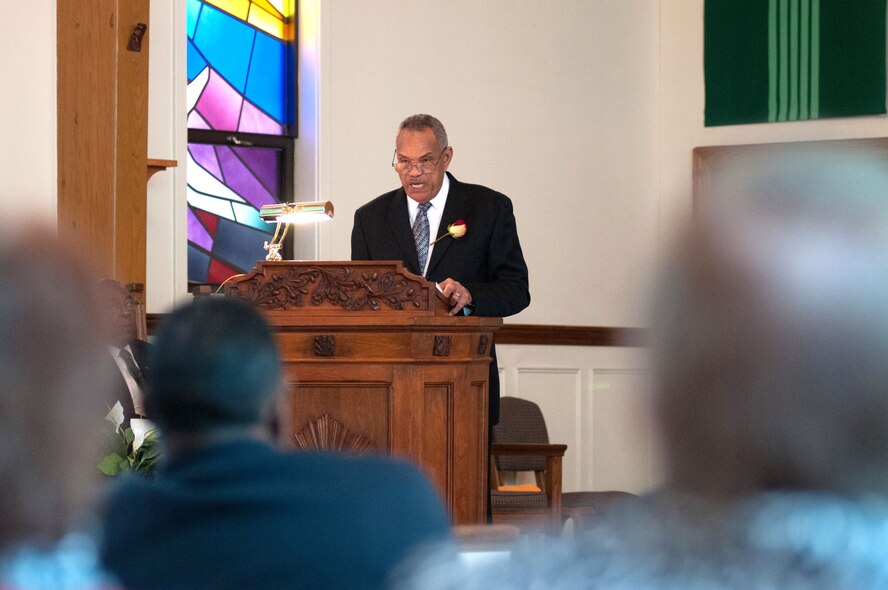 HANSCOM AIR FORCE BASE, Mass. – Retired Air Force Lt. Col. Edward Briggs talks about the impact Dr. Martin Luther King Jr. had on him as an African-American in the military at the MLK birthday celebration at the base chapel Jan. 15. The event also featured an "I Have a Dream" speech reenactment by Timothy Martin, 66th Security Forces Squadron, and special music performance by the United Voices of New England. (U.S. Air Force photo by Rick Berry)