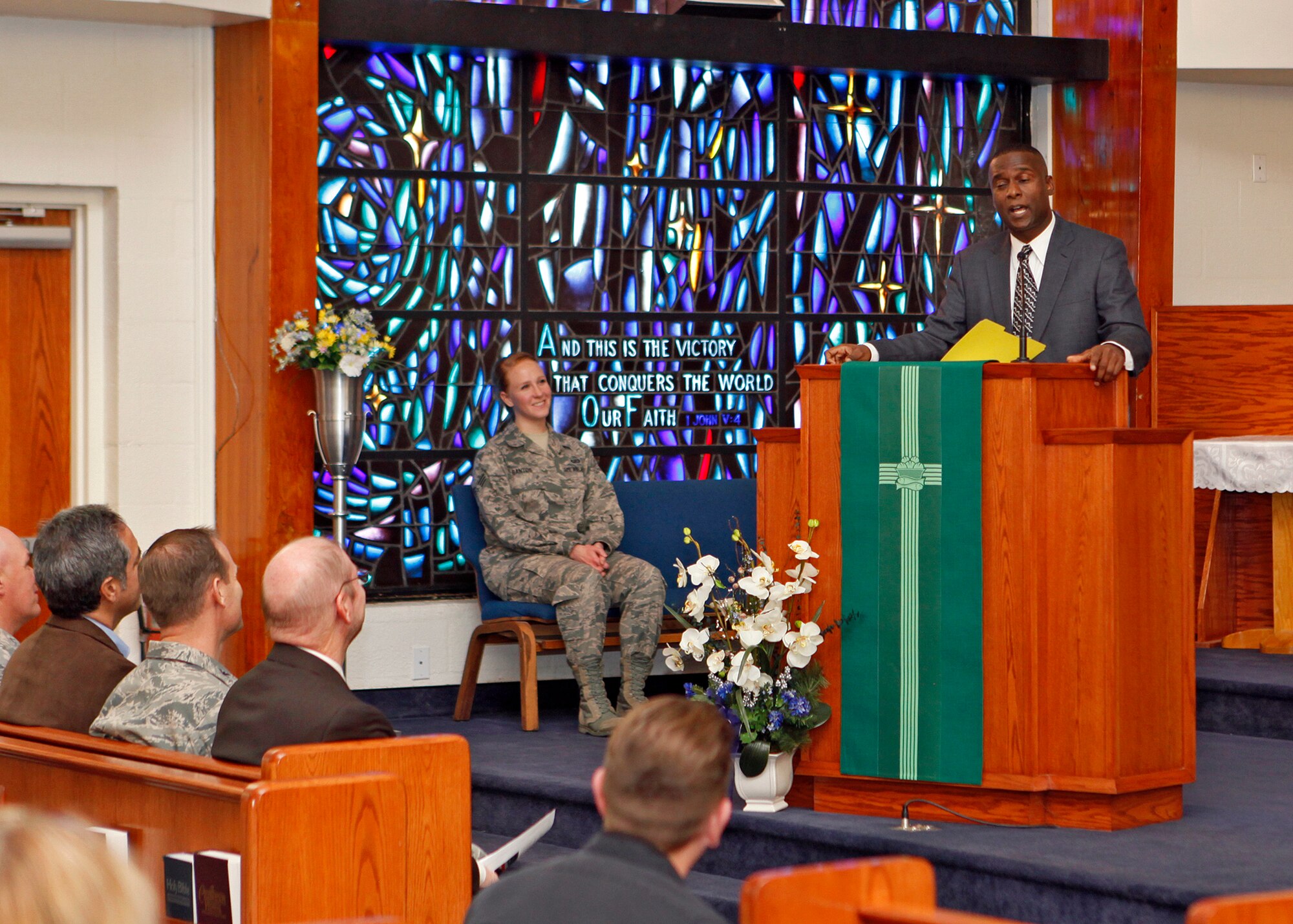 Retired Command Chief Master Sgt. Juan Lewis addresses attendees during the annual Dr. Martin Luther King Jr. remembrance ceremony hosted by the Edwards and NASA Dryden community. Lewis focused both on Martin Luther King's civil rights legacy and on what Americans can do to today perpetuate that legacy. (U.S. Air Force photo by Jet Fabara)