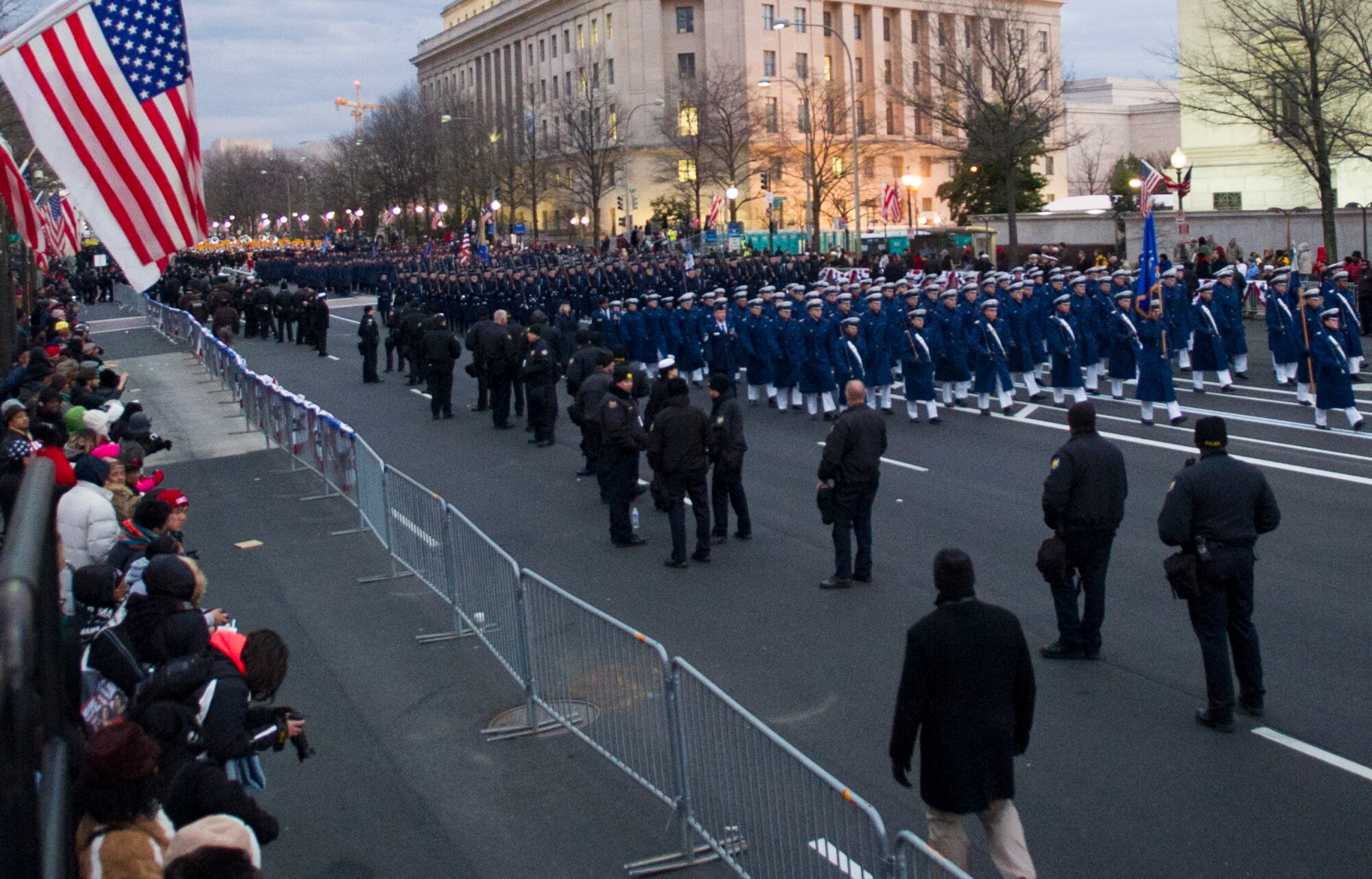 U.S. Air Force Academy cadets march along Pennsylvania Avenue in Washington during the 57th Presidential Inaugural Parade Jan. 21, 2013. The cadets represented Cadet Squadron 22, which was the Academy's outstanding cadet squadron in 2012. (U.S. Air Force photo/1st Lt. Ashleigh Peck)