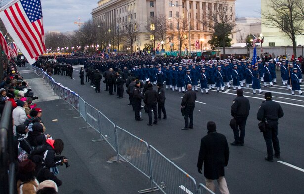 U.S. Air Force Academy cadets march along Pennsylvania Avenue in Washington during the 57th Presidential Inaugural Parade Jan. 21, 2013. The cadets represented Cadet Squadron 22, which was the Academy's outstanding cadet squadron in 2012. (U.S. Air Force photo/1st Lt. Ashleigh Peck)