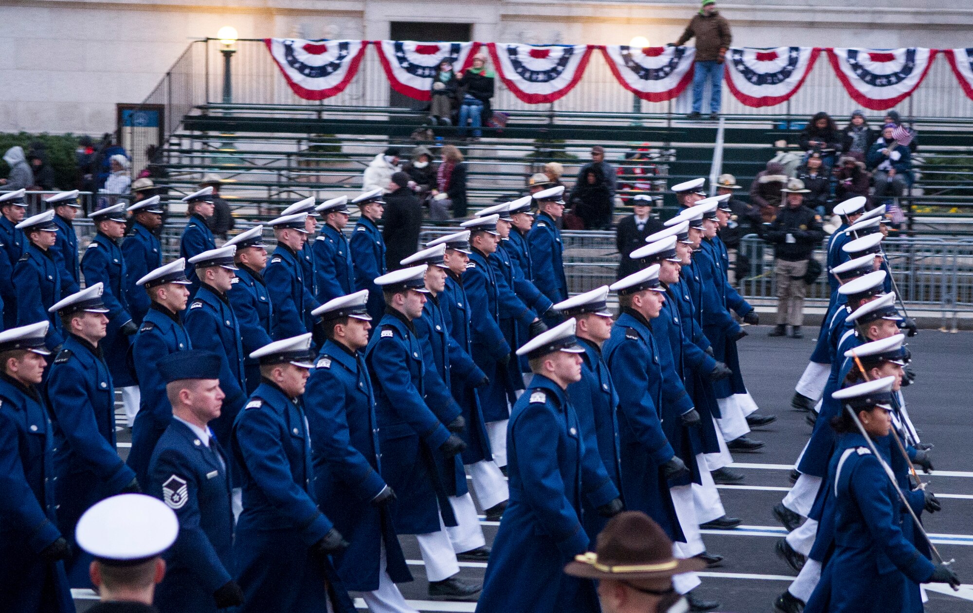 U.S. Air Force Academy cadets march along Pennsylvania Avenue in Washington during the 57th Presidential Inaugural Parade Jan. 21, 2013. The cadets represented Cadet Squadron 22, which was the Academy's outstanding cadet squadron in 2012. (U.S. Air Force photo/1st Lt. Ashleigh Peck)