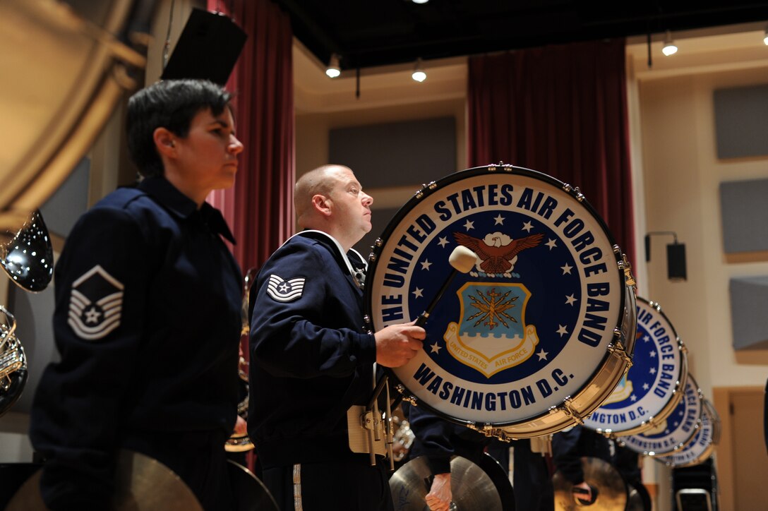 Percussionists in the U.S. Air Force Band stand ready during a final rehearsal at Joint Base Anacostia-Bolling prior to the 57th Presidential Inauguration on Jan. 21. This was the band’s 16th inaugural parade. (U.S. Air Force photo/Senior Airman Bahja Joi Jones)