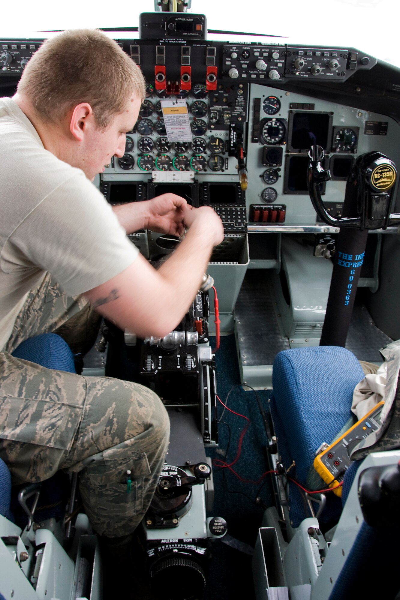 GRISSOM AIR RESERVE BASE, Ind. -- Senior Airman Matthew Steele, 434th Aircraft Maintenance Squadron electrical and environmental systems technician, uses a megohmmeter to track down the source of intermittent failure issues with a KC-135's the fuel dump actuator in the refueling boom. The megohmmeter uses high voltage to test the insulation value of wires to ensure there aren't any breaks along the length of the wire. (U.S. Air Force photo/Maj. Kelly Howard)
