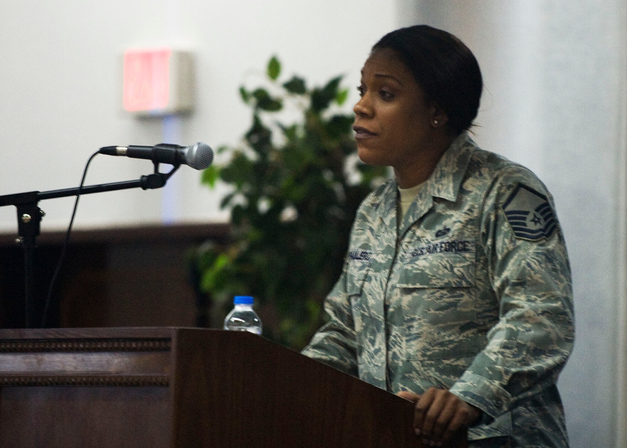 Master Sgt. Angenette Caballero, 728th Air Mobility Squadron readiness and resources superintendent, recites and excerpt of Dr. Martin Luther King Jr.’s  “I Have a Dream” speech at the Honoring the Dream ceremony in honor of Dr. King Jan. 18, 2013, at Incirlik Air Base, Turkey. Members of the Incirlik community gathered to celebrate the legacy of Dr. King with a luncheon. (U.S. Air Force photo by Staff Sgt. Marissa Tucker/Released)