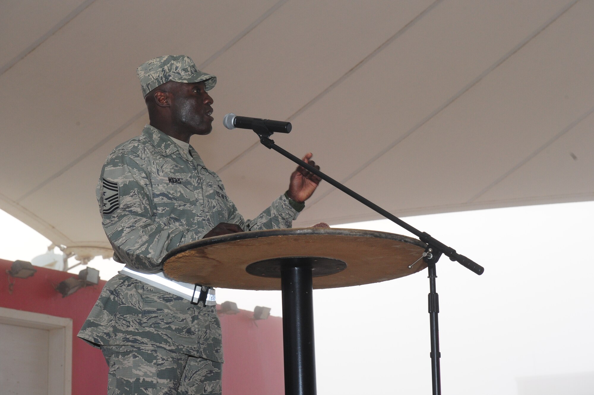 SOUTHWEST ASIA – Chief Master Sgt. Rory Wicks, 379th Air Expeditionary Wing command chief master sergeant, talks about the similarities between today’s military and Dr. Martin Luther King Jr.’s dream after the crowd had marched to Memorial Plaza to commemorate the 50th anniversary of the march on Washington Jan. 21. (U.S. Air Force photo/Master Sgt. Brendan Kavanaugh)