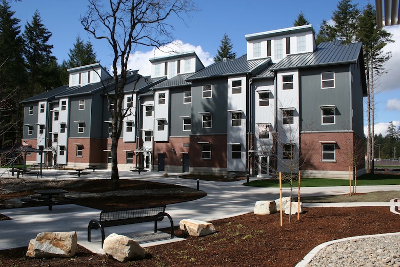 Washington's Joint Base Lewis-McChord’s Jackson Avenue Barracks are a garden-style one-plus-one design, which encourages residents to interact with one another. U.S. Army Corps of Engineers, Seattle District, architects won the 2008 Chief of Engineers Design and Environmental Honor and USACE Design Team of the Year awards for the concept.