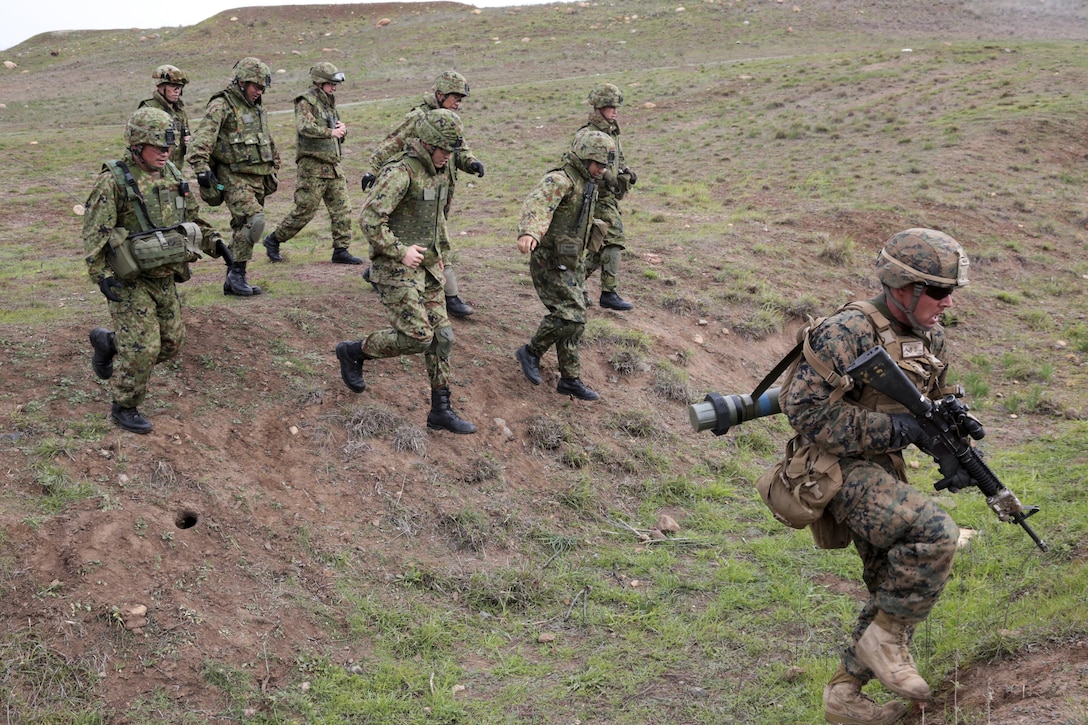 130124-M-IO267-621
MARINE CORPS BASE CAMP PENDLETON, Calif. - Members of the Japan Ground Self-Defense Force observe U.S. Marines from 1st Battalion, 4th Marine Regiment, 1st Marine Division as they perform counter-ambush tactics during Exercise Iron Fist 2013 aboard Marine Corps Base Camp Pendleton, Calif. Jan. 24, 2013. During Iron Fist 2013, 13th Marine Expeditionary Unit, 1st Battalion 4th Marine Regiment and JGSDF will spend three weeks participating in bilateral training to improve their interoperability, enhance military-to-military relations and sharpen skills essential to crisis response.  (U.S. Marine Corps photo by Lance Cpl. David Gonzalez/Released)
