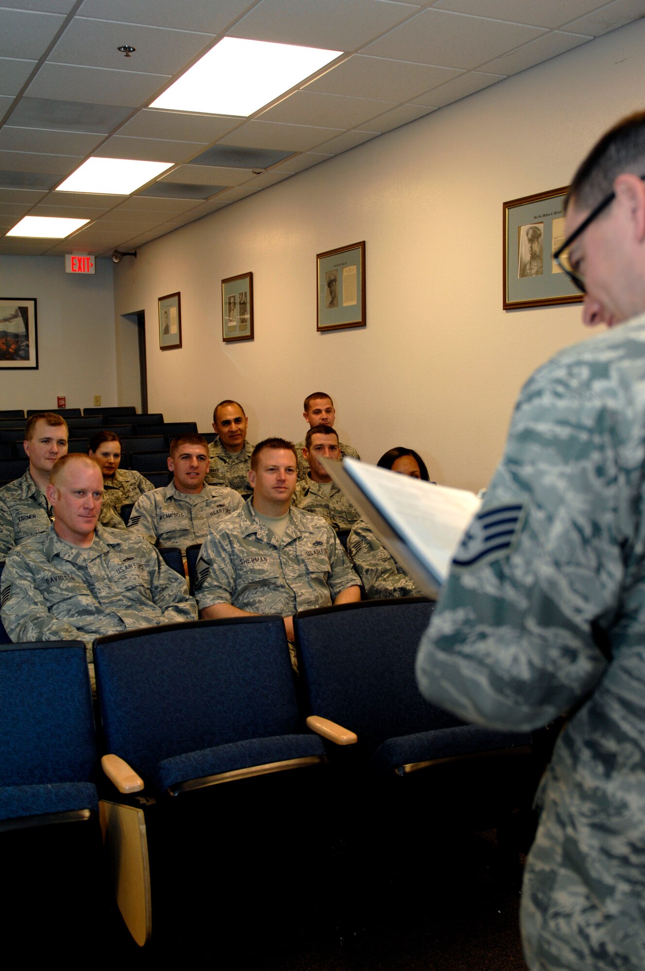 U.S. Air Force Staff Sgt. Joshua Bland, 355th Maintenance Operations Squadron, instructs a class on Davis-Monthan Air Force Base, Ariz., Jan. 24, 2012. Classes primarily deal in aircraft maintenance formal and ancillary training. (U.S. Air Force photo by Senior Airman Saphfire Cook)