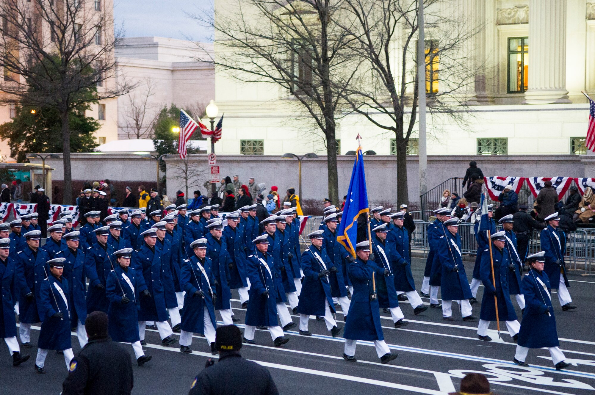 U.S. Air Force Academy cadets march along Pennsylvania Avenue in Washington during the 57th Presidential Inaugural Parade Jan. 21, 2013. The cadets represented Cadet Squadron 22, which was the Academy's outstanding cadet squadron in 2012. (U.S. Air Force photo by 1st Lt. Ashleigh Peck)