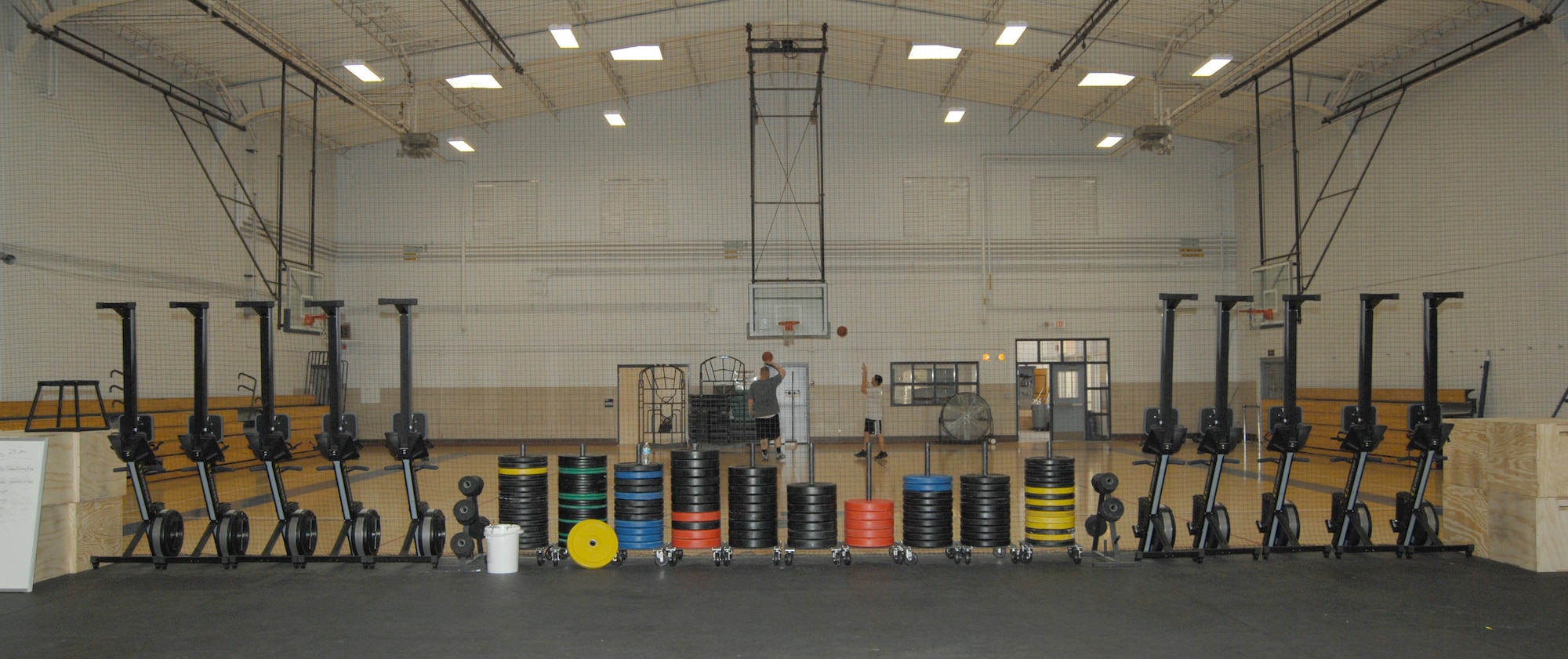 The Haeffner gym's new cross-functional room has numerous workout equipment including medicine balls, various free weights, rowing machines, pull-up bars, two ropes that hang from the gym’s ceiling, kettlebells and even an oversized tire. (U.S. Air Force photo by Senior Airman Michael Washburn/Released)