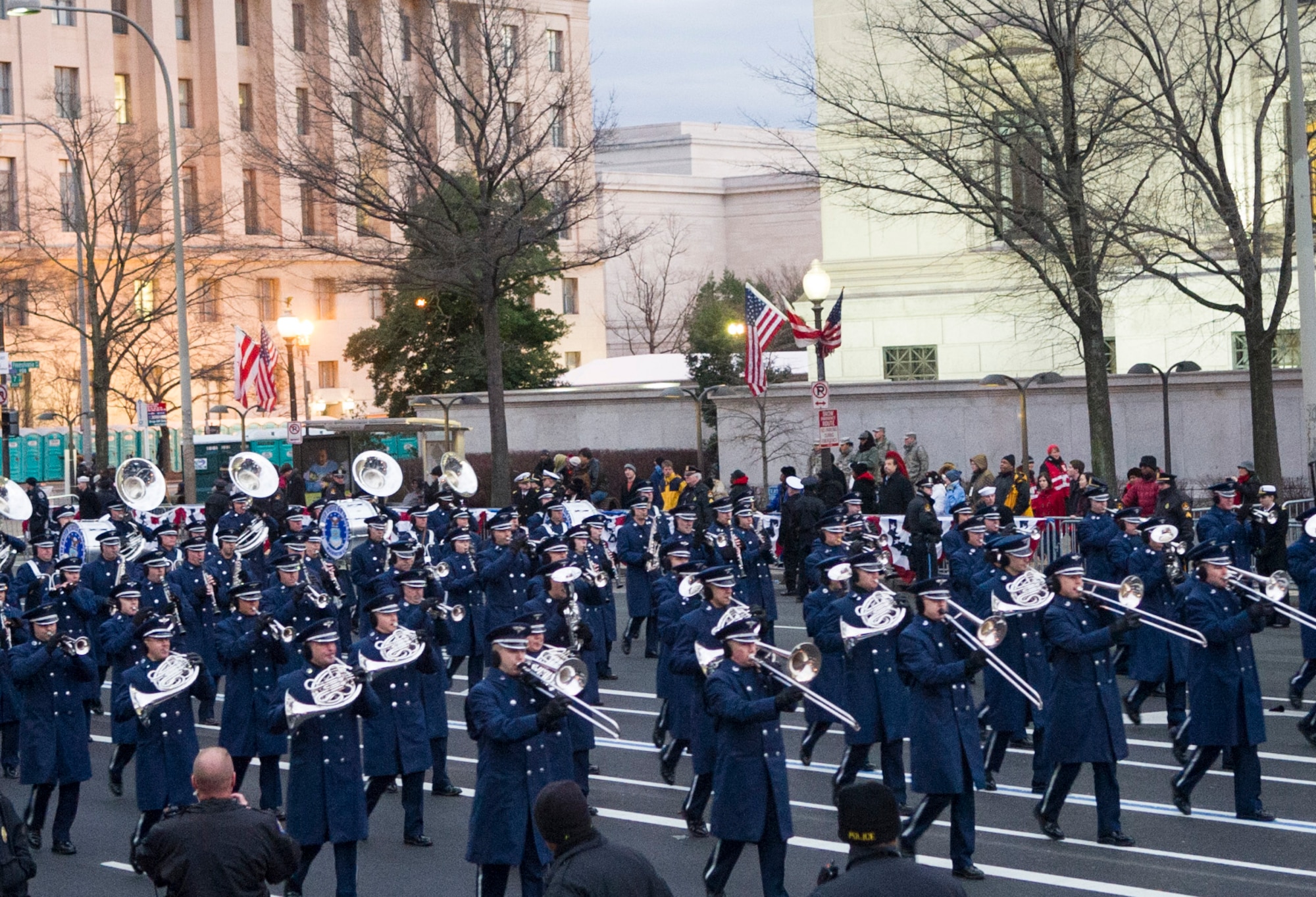 The United States Air Force Band marches along Pennsylvania Avenue in Washington during the 57th Presidential Inaugural Parade Jan. 21, 2013. Military support for the Inauguration is designed to honor the commander in chief, recognize civilian control of the military and celebrate democracy. (U.S. Air Force photo by 1st Lt. Ashleigh Peck) 
